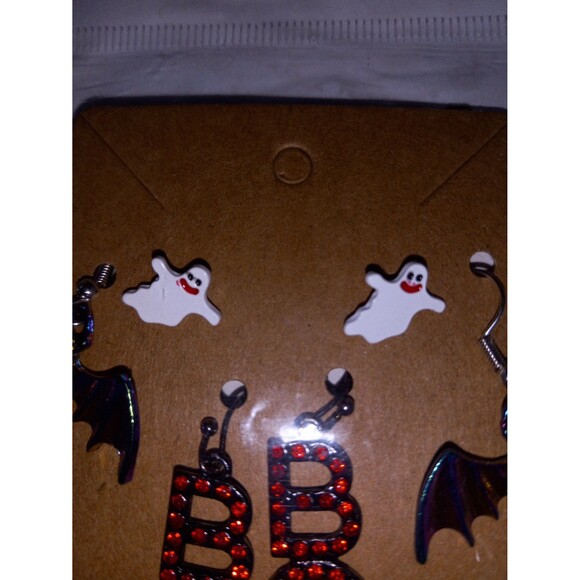 Halloween Earrings Set of 3 Ghost Studs Iridescent Dangle Bats & Rhinestone Boo - Picture 2 of 4